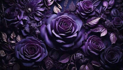 compositions featuring intricate arrangements of deep purple and black roses