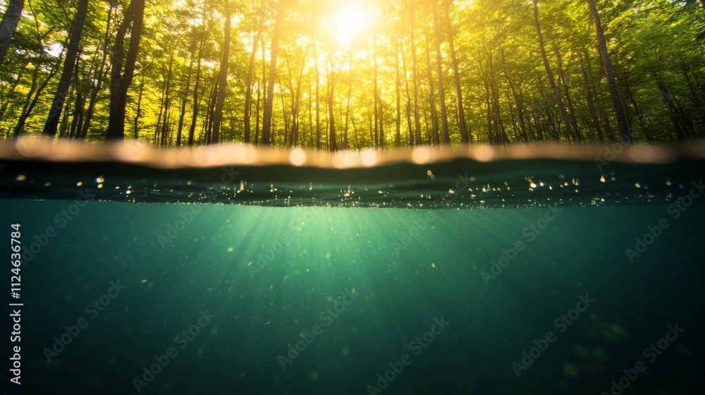 Poster sunlight filters through a thick forest canopy, creating stunning reflections on a crystal-clear poo