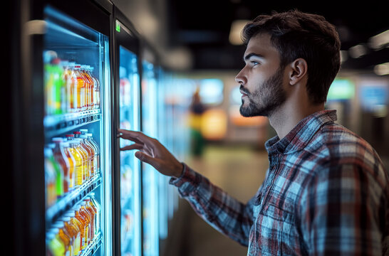A man in a plaid shirt examines refrigerated drinks in a store aisle. Concept of shopping and choosing. For advertising beverages or store products.
