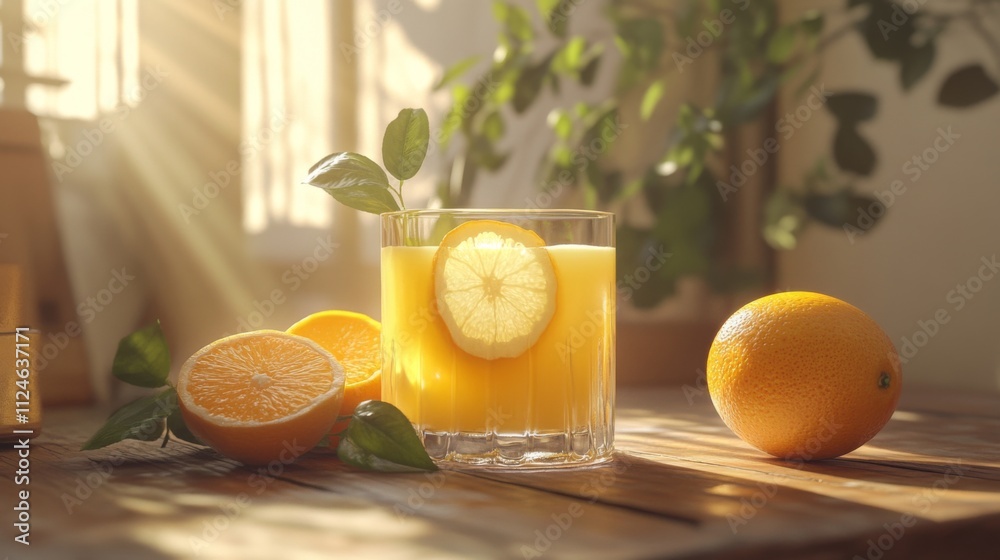 Poster Refreshing Citrus Drink with Slices and Fresh Orange on Table