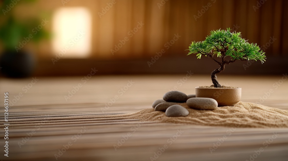 Poster neatly raked sand surrounds a small bonsai tree and smooth stones, creating a tranquil atmosphere en