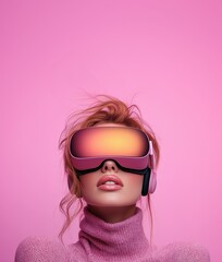 User wearing a VR headset isolated on light purple background