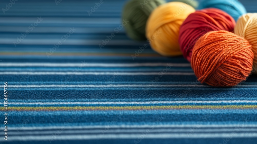 Poster Vibrant yarn balls are neatly arranged on a striped fabric, showcasing an array of colors that inspire warmth and creativity, with open space for text or design