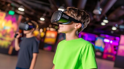 A young boy in a vibrant green shirt explores virtual reality in a brightly lit area filled with colorful posters and another person playing nearby