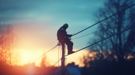 Electric Line Repair at Dawn with Dramatic Lighting