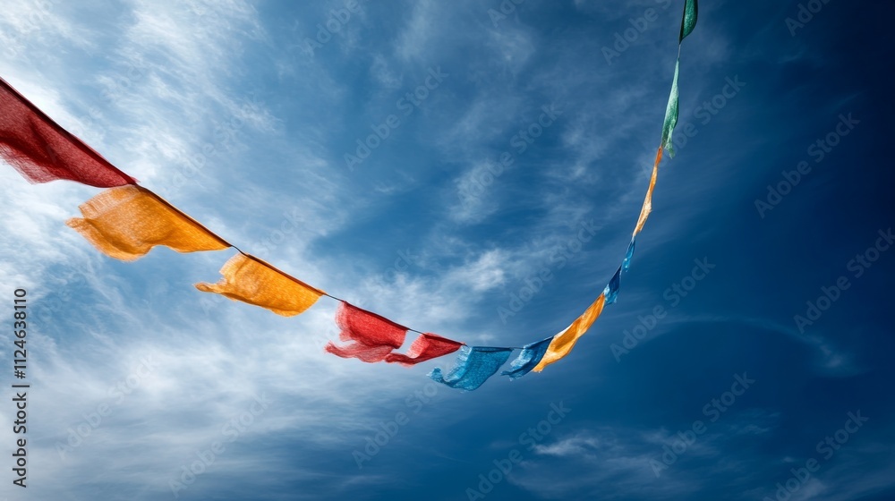 Poster vibrant strings of party flags flutter gently in the breeze under a clear blue sky, evoking a sense 
