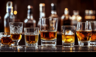 Various glasses of whiskey are aligned on a bar counter with blurred bottles in the background. Concept of nightlife and relaxation. For beverage advertising or bar promotions.