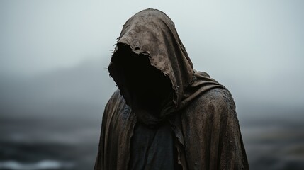 Mysterious hooded figure in post-apocalyptic landscape