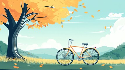 Fototapeta premium A bicycle parked in a grassy field under a fall tree, with a mountain range in the background.