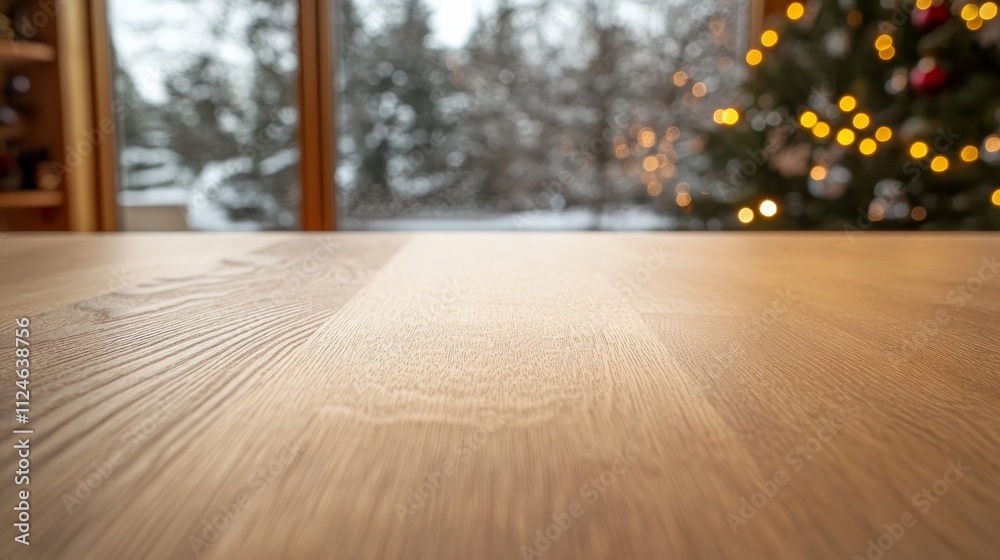 Poster a spacious wooden tabletop awaits festive arrangements, with a soft glow from twinkling lights and a