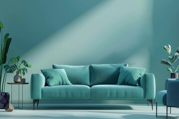 A bright and inviting living room features a turquoise sofa with plush cushions, stylish side tables, and decorative plants, all illuminated by soft daylight.