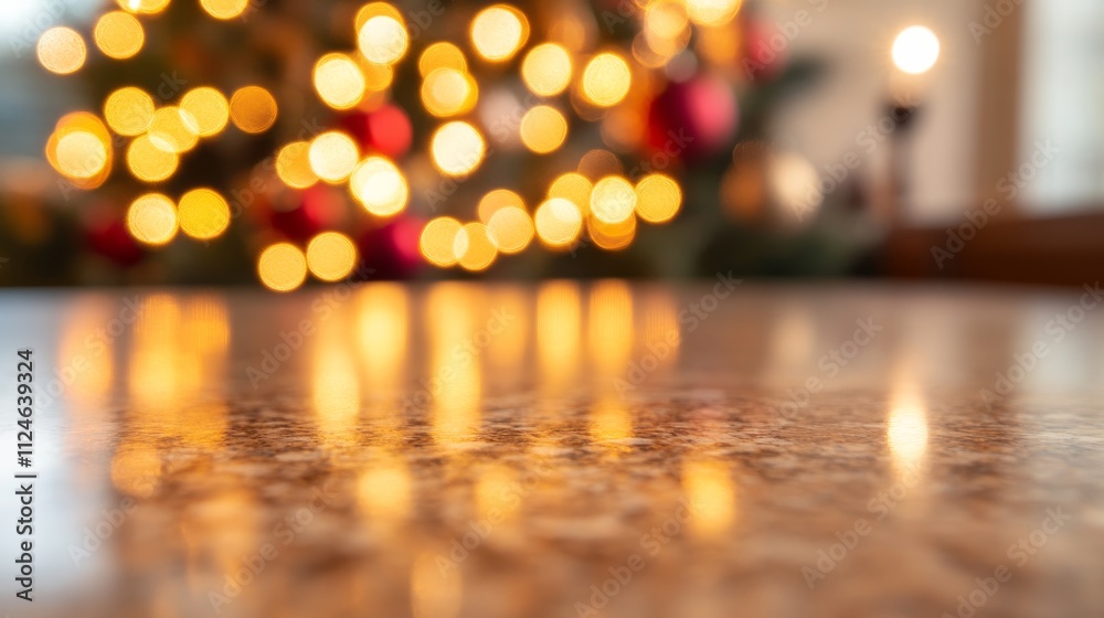 Poster a medium close-up shows a polished marble countertop reflecting warm lights from a softly glowing ch
