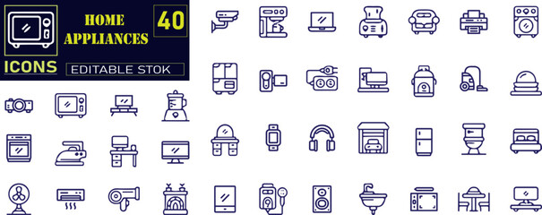 Set of outline icons related to home appliance. Linear icon collection.