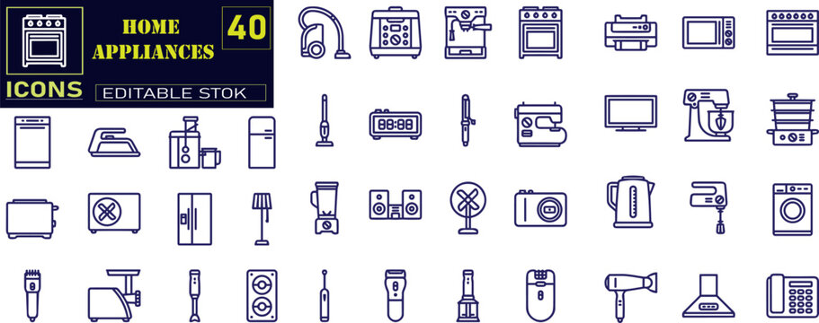 Set of outline icons related to home appliance. Linear icon collection.
