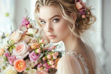 Obraz premium The bride showcases her delicate features and elegant hairstyle, adorned with flowers, while holding a vibrant bouquet filled with various blossoms and greenery.