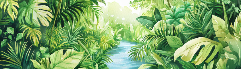 Lush green tropical foliage surrounds serene river, creating tranquil atmosphere. vibrant leaves and gentle water evoke sense of peace and natural beauty