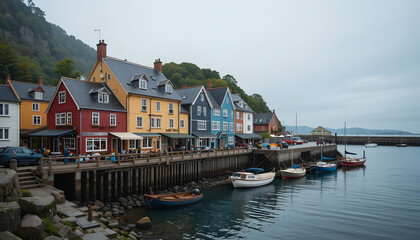 Fototapeta premium Colorful waterfront hotel and houses in charming harbor setting