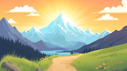 A winding path through a mountain range.