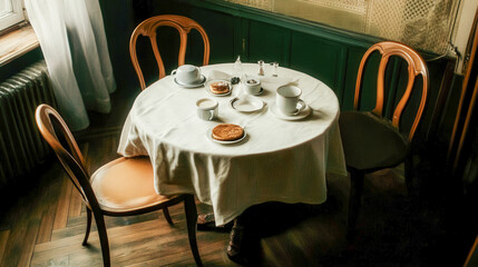 Round table with linen tablecloth, chairs around it, on top a simple and small breakfast 