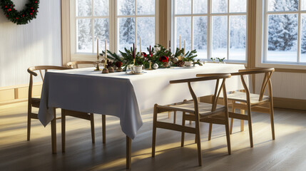 Fototapeta premium White rectangular tablecloth and decorated with Christmas decorations