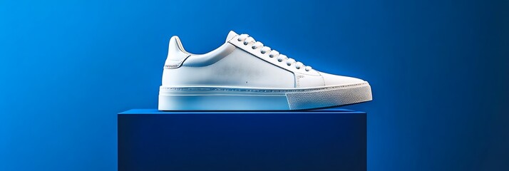 Classic White Sneaker on a Vibrant Blue Pedestal in a Bold Composition