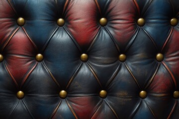 Fototapeta premium Close-up of a tufted leather surface with brass buttons, showcasing texture and color contrast.
