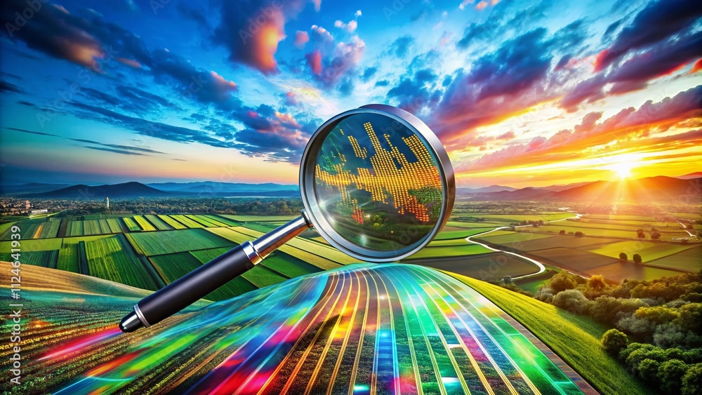 Poster aerial view of a magnifying lens focusing on digital data streams, symbolizing the analysis and expl