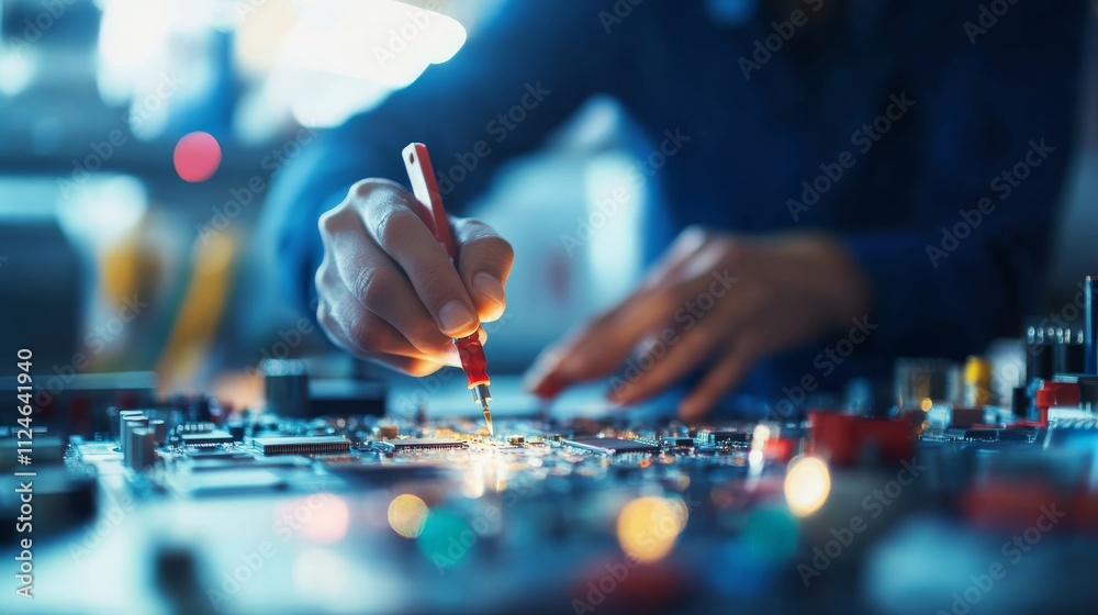 Aufkleber a person skillfully solders a circuit board with focus, surrounded by organized tools that reflect t