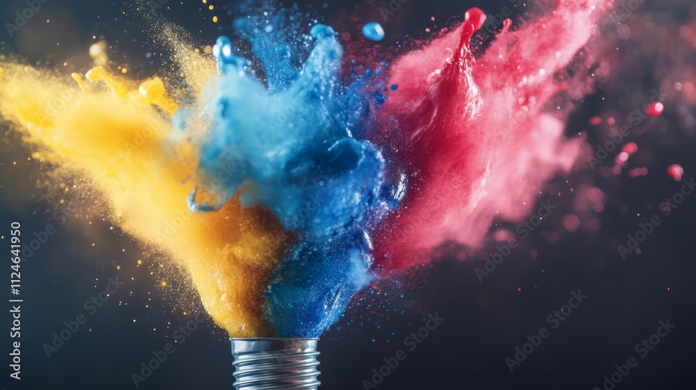 Poster a light bulb bursts open, sending vibrant blue, red, and yellow paint splashes against a dark gray b