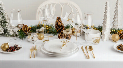 White kitchen tablecloth on a white background with christmas spirit mood decoration 