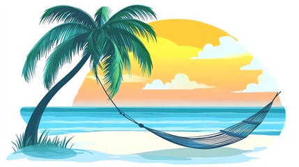 Fototapeta premium A cartoon illustration of a palm tree on a beach at sunset.