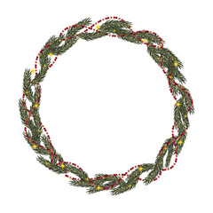 Christmas wreath floral with green spruce branches and red berries. Decor for New Year Christmas and holiday. Vector flat illustration isolated on white background	