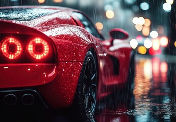 red sports car closeup rain water drops detailing ceramic coated hood urban traffic