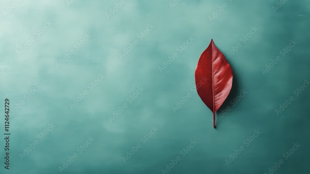Poster A single vibrant red leaf stands out against a soft pastel blue background, showcasing its intricate texture and shape with plenty of empty space on one side