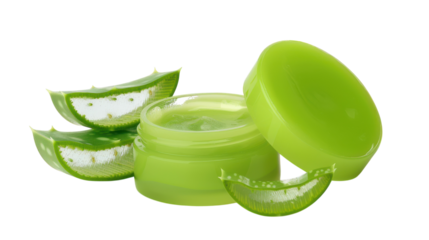 Aloe vera gel jar with fresh aloe leaves in vibrant green, showcasing skincare essentials perfect for hydration and soothing treatments on transparent background