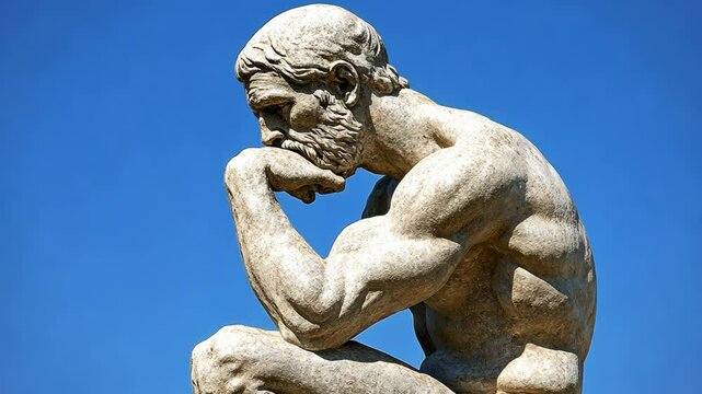 Reflective sculpture of a thinker under clear blue sky in a public park setting