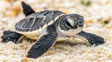Obraz premium Newborn Sea Turtle Crawling on Sandy Beach Toward Ocean Waves