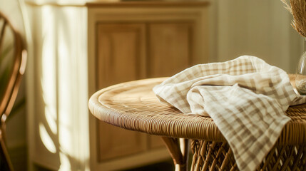 A round rattan table with white checkered cloth