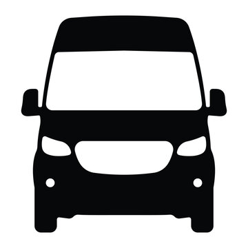 recommend clip art: Van front view vector icon. Commercial vehicle, cargo transport, delivery truck. Black silhouette isolated on white background.