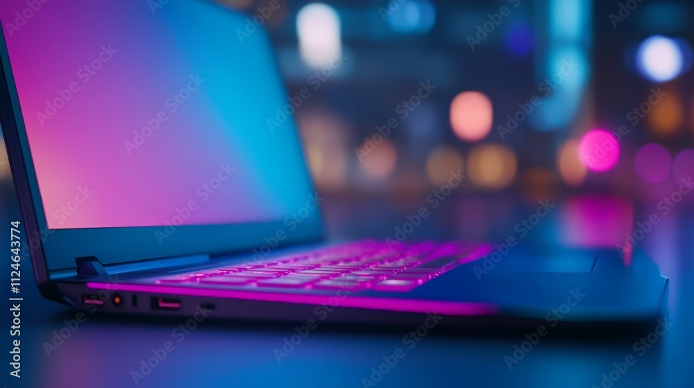Poster a glowing laptop shines with vibrant blue and pink hues, creating a captivating atmosphere in a dark