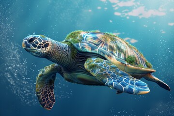 Fototapeta premium A colorful sea turtle glides through clear blue water, adorned with vibrant coral around it, reflecting sunlight from above, creating a serene underwater atmosphere.