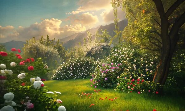 Blooming garden with peaceful mountains
