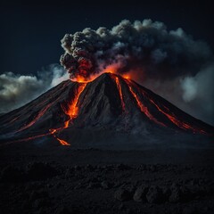 "A dramatic volcanic mountain with smoke and lava glowing against a dark night sky."

