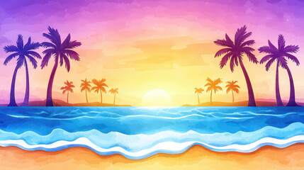 Obraz premium serene watercolor of quiet beach at sunset, featuring palm trees silhouetted against vibrant sky. waves gently lap at shore, creating peaceful atmosphere