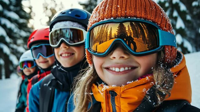 Group of young skiers smiling in winter gear on a snowy mountain trail