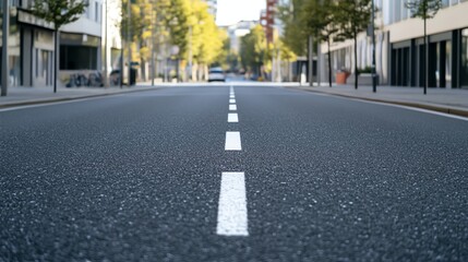 Fototapeta premium A long, straight road in a residential neighborhood with fallen leaves on the sides.