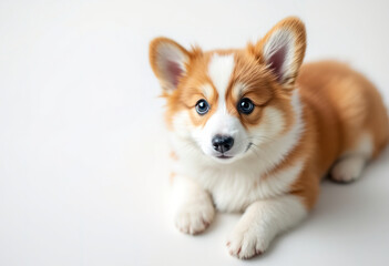 A cute Welsh Corgi puppy with a fluffy orange and white coat lying on a white background, looking directly at the camera with big, expressive eyes