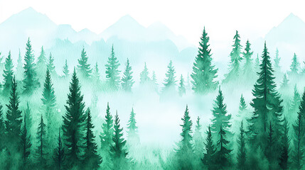 serene watercolor of tranquil forest landscape featuring tall evergreen trees and misty mountains in background, evoking sense of calm and nature beauty