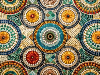 Fototapeta premium Aerial View of an Abstract Tiled Pattern Featuring Circles in Geometric Shapes, Stylish Design Elements in a Modern Aesthetic for Contemporary Interior Decoration