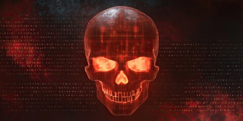 Cybersecurity ransomware concept. Futuristic digital skull with glowing eyes against a dark, abstract background.